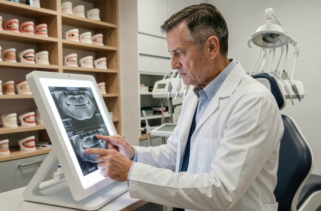 Orthodontiste masculin professionnel examinant des radiographies dentaires dans son cabinet au Raincy