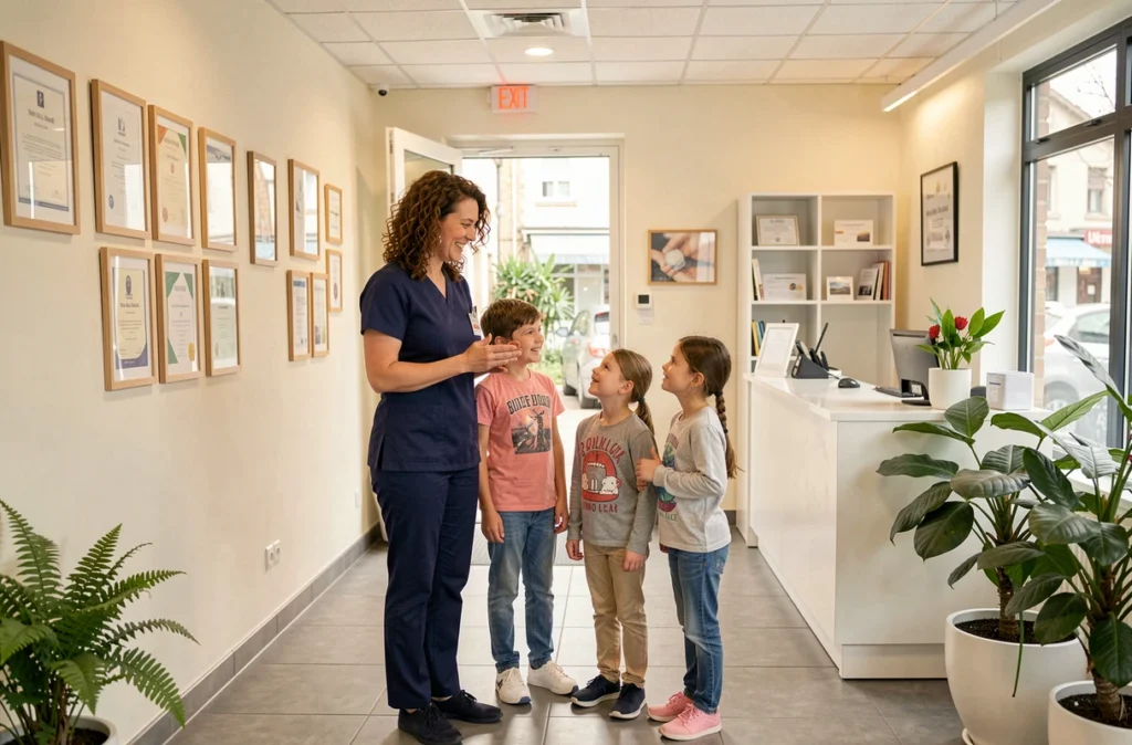 Orthodontiste féminine accueillant une famille dans son cabinet à Noisy-le-Grand