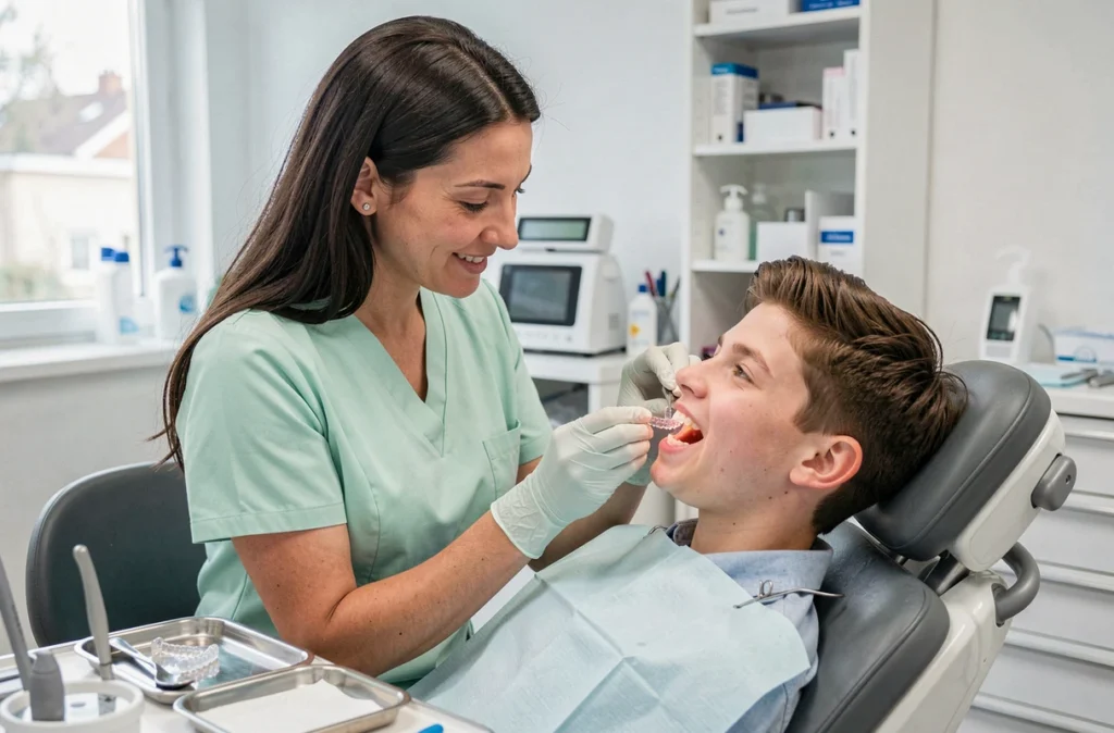 Orthodontiste féminine posant un aligneur transparent sur une patiente adolescente dans son cabinet à Bobigny