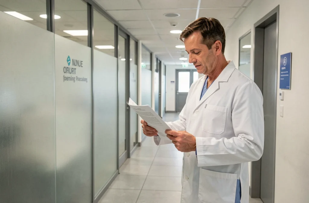 Orthodontiste masculin consultant un dossier de traitement dans le couloir de son cabinet à Saint-Ouen