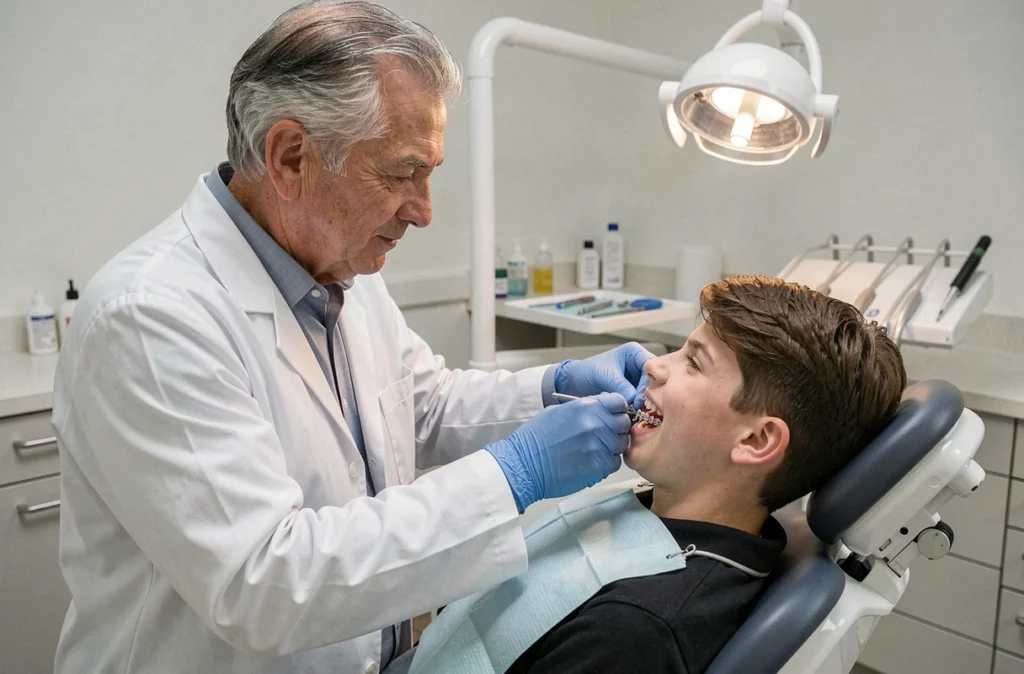 Orthodontiste masculin ajustant un appareil dentaire sur un patient dans son cabinet à Aulnay-sous-Bois