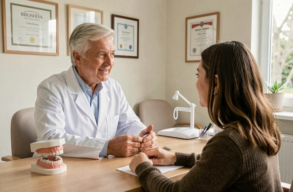 Orthodontiste masculin discutant d'un traitement avec une patiente dans son cabinet à Bondy