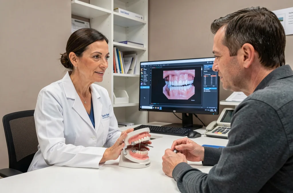 Orthodontiste expliquant un plan de traitement à un patient adulte dans son cabinet à Saint-Denis
