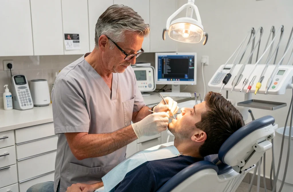 Orthodontiste masculin réalisant un examen dentaire dans son cabinet à Livry-Gargan
