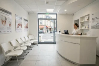 Salle d'attente d'un centre dentaire moderne en Auvergne-Rhône-Alpes avec accueil professionnel