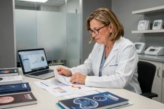 Oncologue femme analysant les résultats d'essais cliniques sur le marqueur CA 19-9 dans un bureau médical moderne
