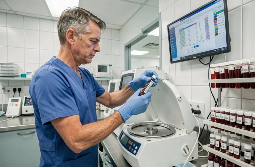 Technicien de laboratoire manipulant des échantillons sanguins pour le dosage du marqueur tumoral CA 19-9