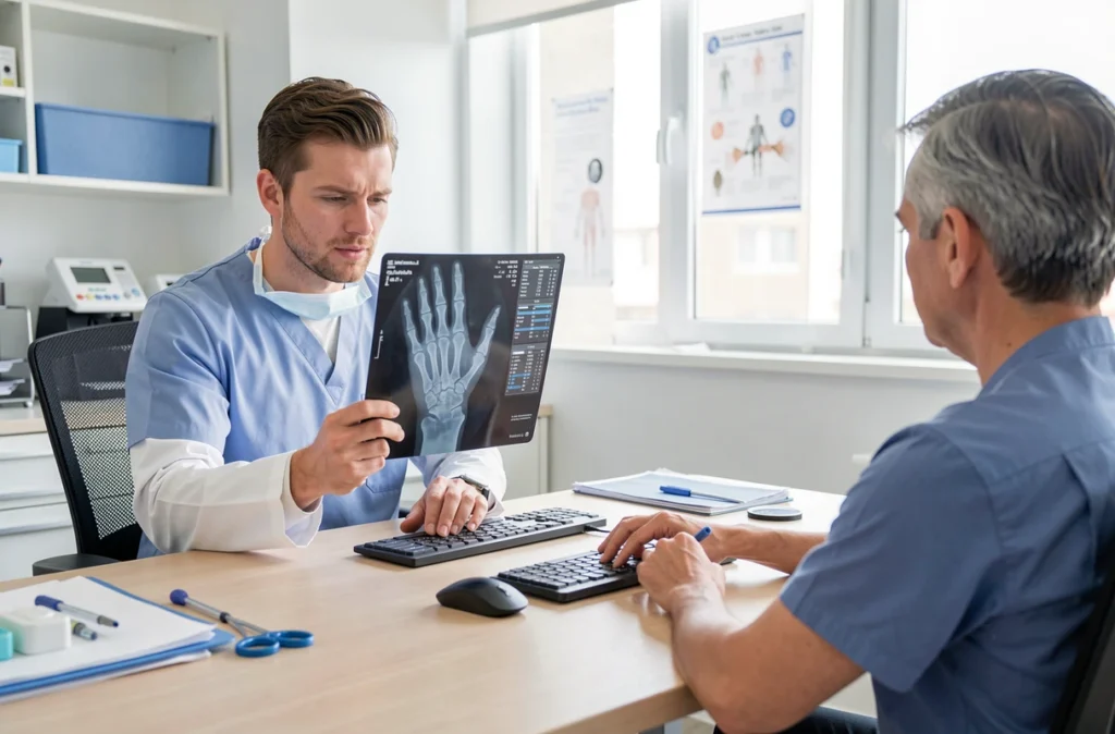 Chirurgien de la main examinant une radiographie avec un patient