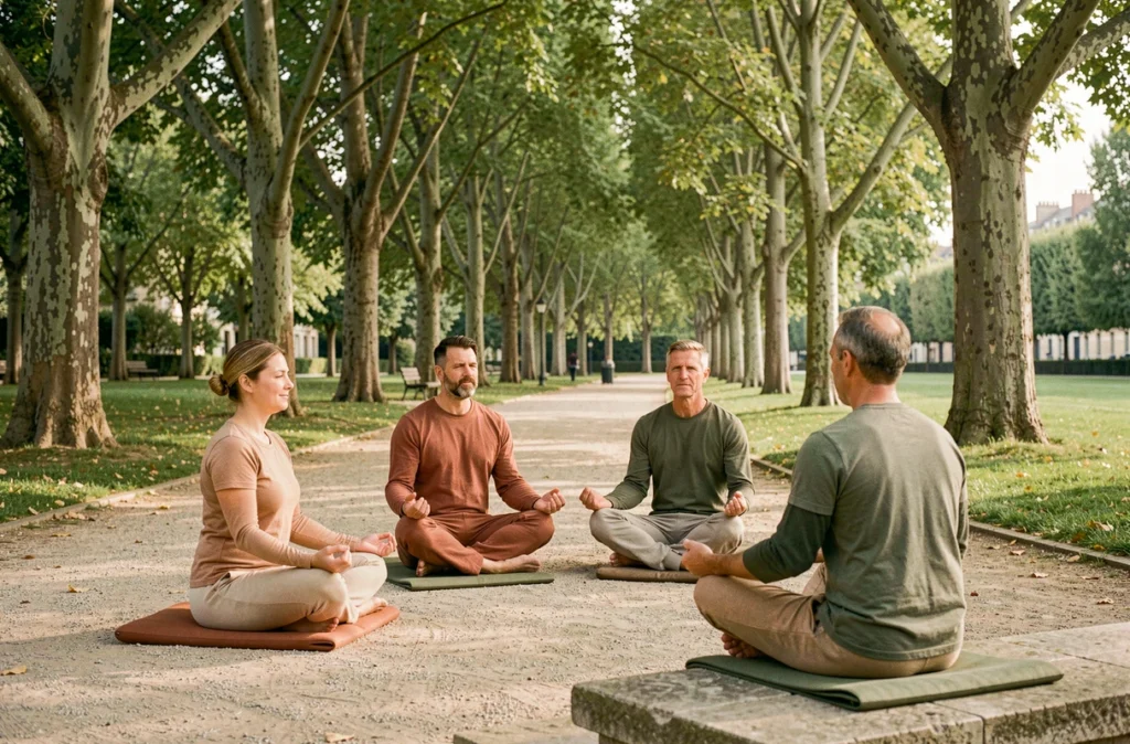Groupe d'adultes participant à un cours de méditation en plein air dans un parc des Yvelines avec un instructeur