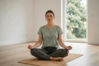 Femme pratiquant la méditation en position assise dans un studio de méditation minimaliste dans les Yvelines