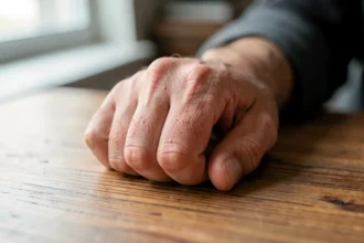 Main d'adulte posée sur une table, articulations légèrement gonflées