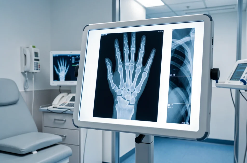 Radiographie d'une main montrant les os des doigts et du poignet